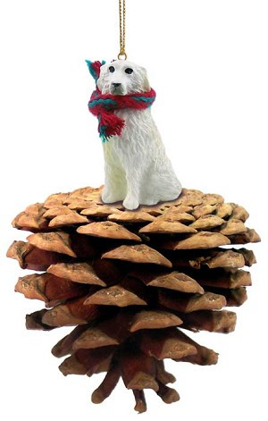 Great Pyrenees Dog on Pinecone Christmas Ornament – Hand-Painted Stone Resin