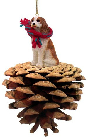 Brown & White Cavalier King Charles Spaniel Dog on Pinecone Christmas Ornament