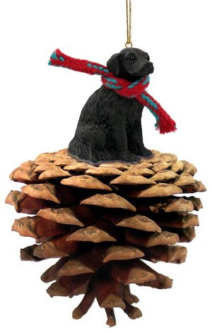 Black Flat Coated Retriever Dog on Pinecone Christmas Ornament – Hand-Painted Stone Resin