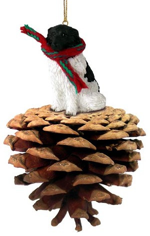 Black and White Landseer Dog on Pinecone Christmas Ornament – Hand-Painted Stone Resin