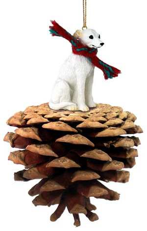 White Whippet Dog on Pinecone Christmas Ornament – Hand-Painted Stone Resin
