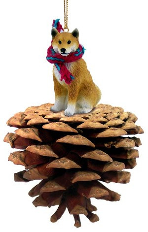 Shiba Inu Dog on Pinecone Christmas Ornament – Hand-Painted Stone Resin