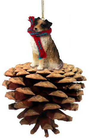 Brown Australian Shepherd Dog on Pinecone Christmas Ornament – Hand-Painted Stone Resin
