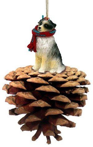 Blue Australian Shepherd Dog on Pinecone Christmas Ornament – Hand-Painted Stone Resin