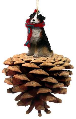 Tricolor, Docked Australian Shepherd Dog on Pinecone Christmas Ornament – Hand-Painted Stone Resin