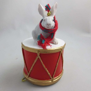 White Rabbit on Drum Christmas Ornament – Hand-Painted Stone Resin