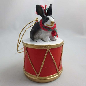 Black/White Rabbit on Drum Christmas Ornament – Hand-Painted Stone Resin