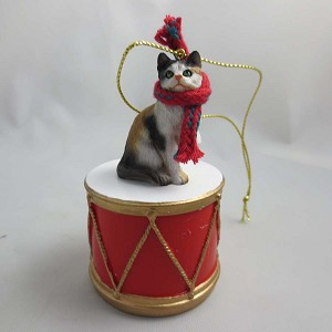 Calico Shorthaired Cat on Drum Christmas Ornament – Hand-Painted Stone Resin