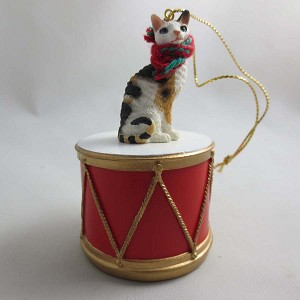 Tortoise & White Cornish Rex Cat on Drum Christmas Ornament – Hand-Painted Stone Resin