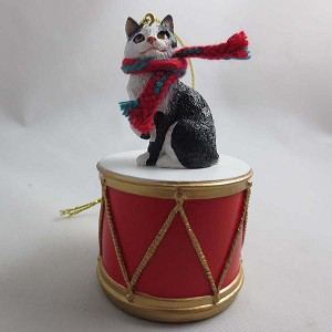 Black & White Manx Cat on Drum Christmas Ornament – Hand-Painted Stone Resin