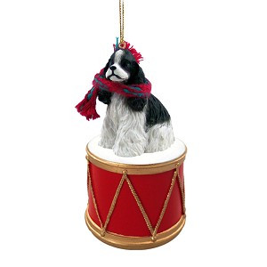 Black & White Cocker Spaniel Dog on Drum Christmas Ornament – Hand-Painted