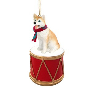 Red & White Blue Eyes Husky Dog on Drum Christmas Ornament – Hand-Painted