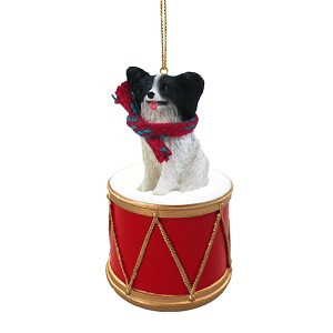 Black & White Papillon Dog on Drum Christmas Ornament – Hand-Painted
