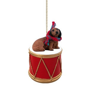 Longhaired Red Dachshund Dog on Drum Christmas Ornament – Hand-Painted