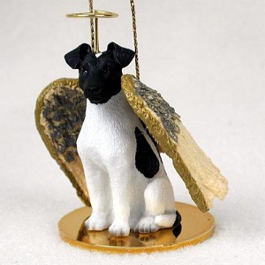 Black & White Fox Terrier Dog Angel Hanging Ornament – Hand-Painted Resin