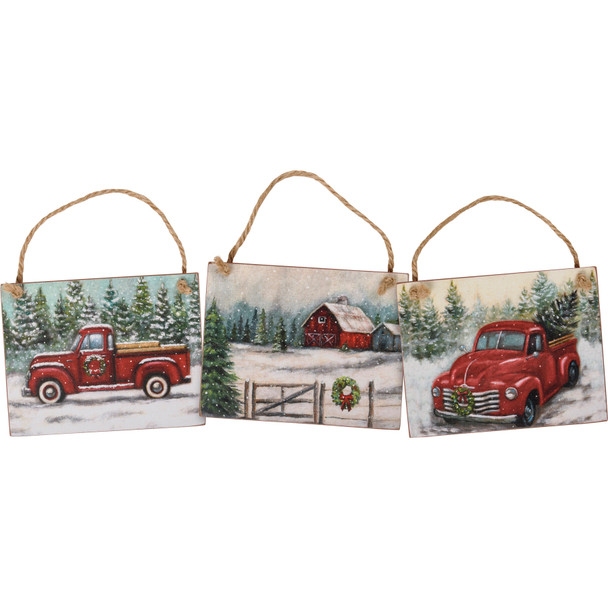 Set of 3 Farmhouse Themed Wooden Hanging Christmas Ornaments - Snowy Barn & Red Pick Up Trucks from Primitives by Kathy