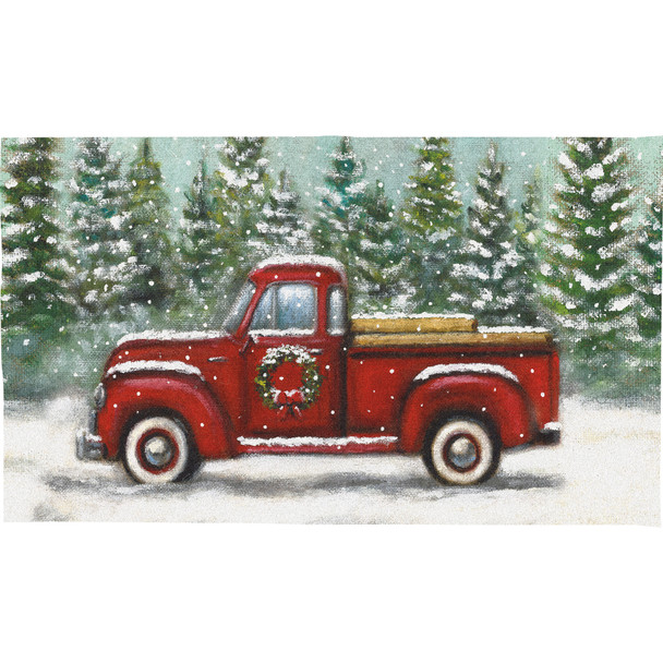 Decorative Cotton Entryway Rug - Red Pickup Truck With Wreath In Snowy Pines 34x20 - Holiday Collection from Primitives by Kathy