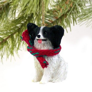 Black & White Papillon Dog Christmas Ornament – Hand-Painted