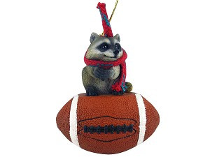 Raccoon on Football Christmas Ornament – Hand-Painted Stone Resin