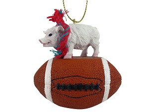 Pink Pig on Football Christmas Ornament – Hand-Painted Stone Resin