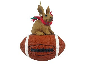 Brown Rabbit on Football Christmas Ornament – Hand-Painted Stone Resin