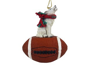 White Wolf on Football Christmas Ornament – Hand-Painted Stone Resin