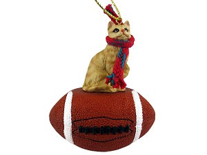 Red Cat on Football Christmas Ornament – Hand-Painted Stone Resin