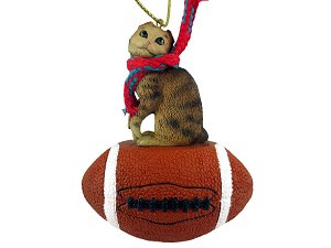 Brown Tabby Scottish Fold Cat on Football Christmas Ornament – Hand-Painted Stone Resin