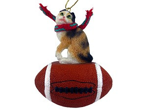 Tortoise & White Scottish Fold Cat on Football Christmas Ornament – Hand-Painted Stone Resin