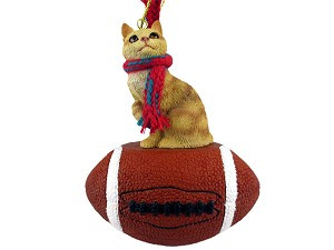 Red Tabby Manx Cat on Football Christmas Ornament – Hand-Painted Stone Resin