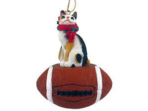 Tortoise & White Japanese Bobtail Cat on Football Christmas Ornament – Hand-Painted Stone Resin