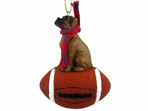 Tawny | Uncropped Ears Boxer Dog on Football Christmas Ornament – Hand-Painted Stone Resin