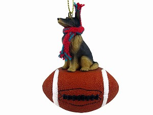 Black and tan Belgian Tervuren Dog on Football Hanging Ornament – Hand-Painted Stone Resin