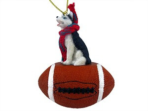 Black & White with Blue Eyes Husky Dog on Football Christmas Ornament – Hand-Painted Stone Resin