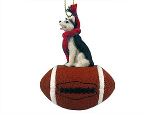 Black & White with Brown Eyes Husky Dog on Football Christmas Ornament – Hand-Painted Stone Resin