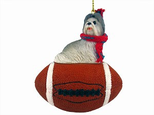 Gray Shih Tzu Dog on Football Christmas Ornament – Hand-Painted Stone Resin