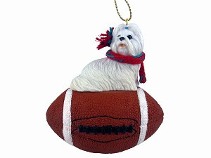 White Shih Tzu Dog on Football Christmas Ornament – Hand-Painted Stone Resin