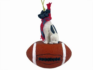 Black & White Fox Terrier Dog on Football Christmas Ornament – Hand-Painted Stone Resin