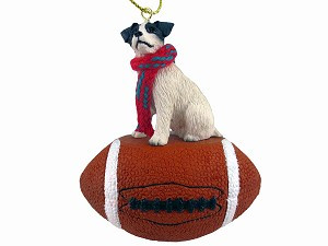 Black & White with Rough Coat Jack Russell Terrier Dog on Football Christmas Ornament