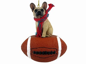 Fawn French Bulldog on Football Christmas Ornament – Hand-Painted Stone Resin