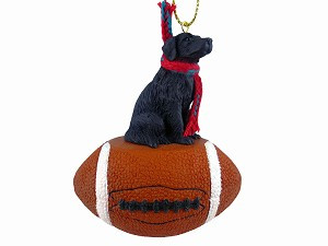 Black Flat Coated Retriever Dog on Football Christmas Ornament – Hand-Painted Stone Resin
