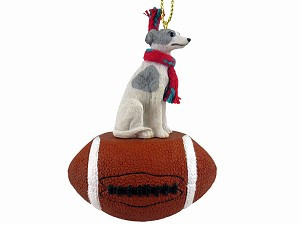 Gray & White Whippet Dog on Football Christmas Ornament – Hand-Painted Stone Resin
