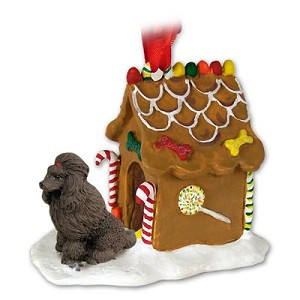 Chocolate Poodle Dog with Gingerbread House Christmas Ornament – Hand-Painted Stone Resin