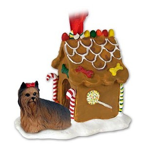 Yorkshire Terrier Dog with Gingerbread House Christmas Ornament – Hand-Painted Stone Resin