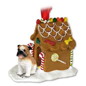 Bulldog with Gingerbread House Christmas Ornament – Hand-Painted Stone Resin