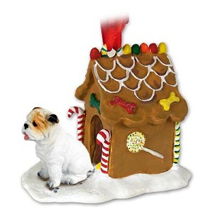 White Bulldog with Gingerbread House Christmas Ornament – Hand-Painted Stone Resin