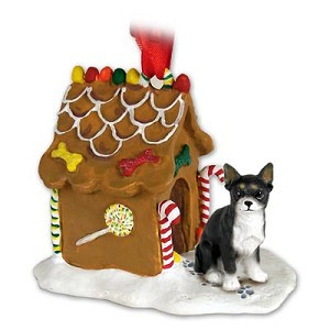 Black & White Chihuahua Dog with Gingerbread House Christmas Ornament – Hand-Painted Stone Resin