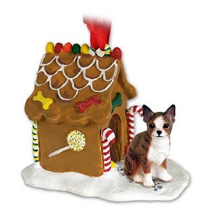 Brindle & White Chihuahua Dog with Gingerbread House Christmas Ornament – Hand-Painted Stone Resin