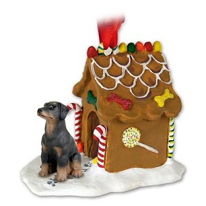 Black Uncropped Ears Doberman Pinscher Dog with Gingerbread House Christmas Ornament