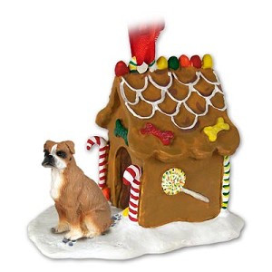 Brown Uncropped Ears Boxer Dog with Gingerbread House Christmas Ornament – Hand-Painted Stone Resin